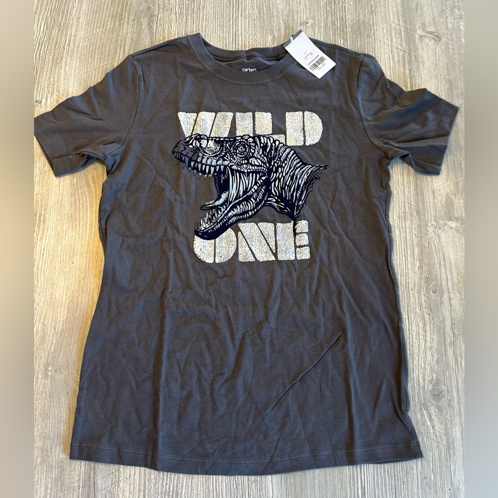 NWT Carter's Gray “Wild One”  Dinosaur Graphic Tee Crewneck Size 14 100% Cotton